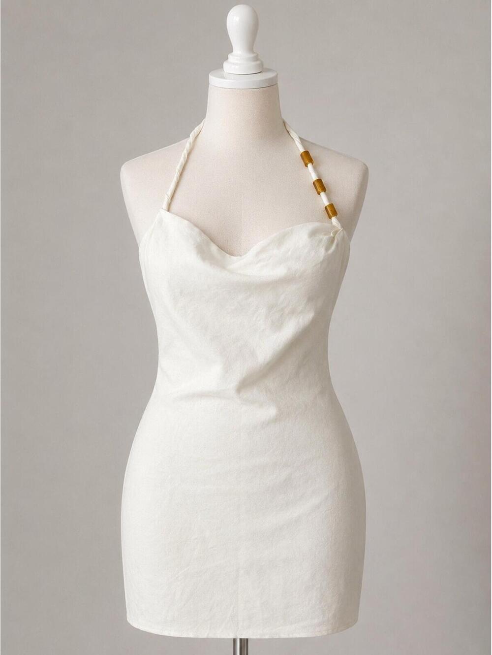 Zara White Linen Blend Halter Mini Dress Beaded Strap Bodycon Fitted Size S
